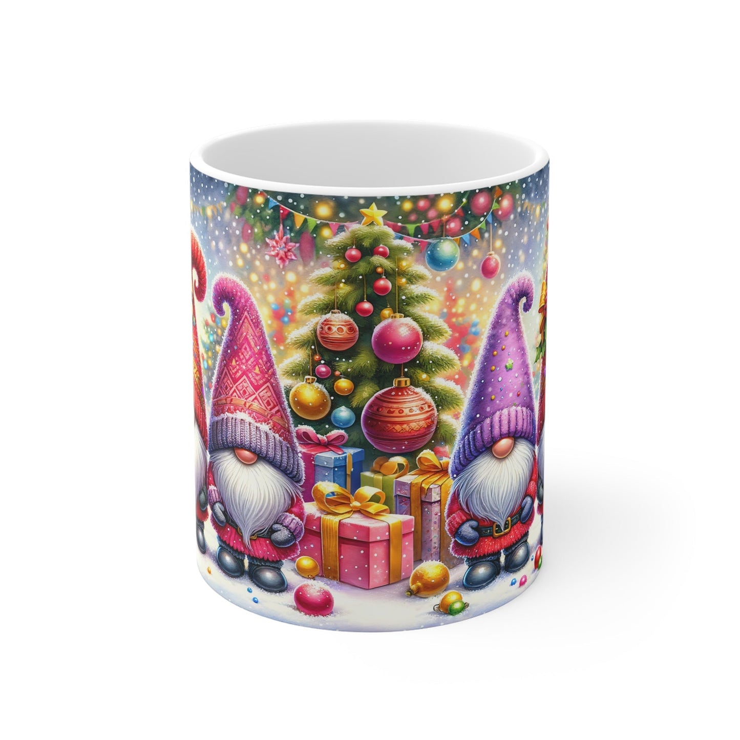 Christmas Gnome Mug with colorful festive design, perfect for holiday hot chocolate.