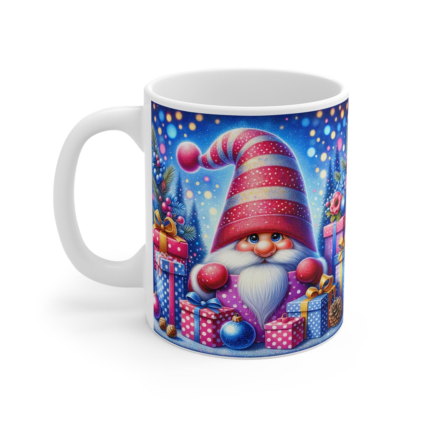 Christmas Gnome Mug with festive design, 11oz ceramic, microwave and dishwasher safe.