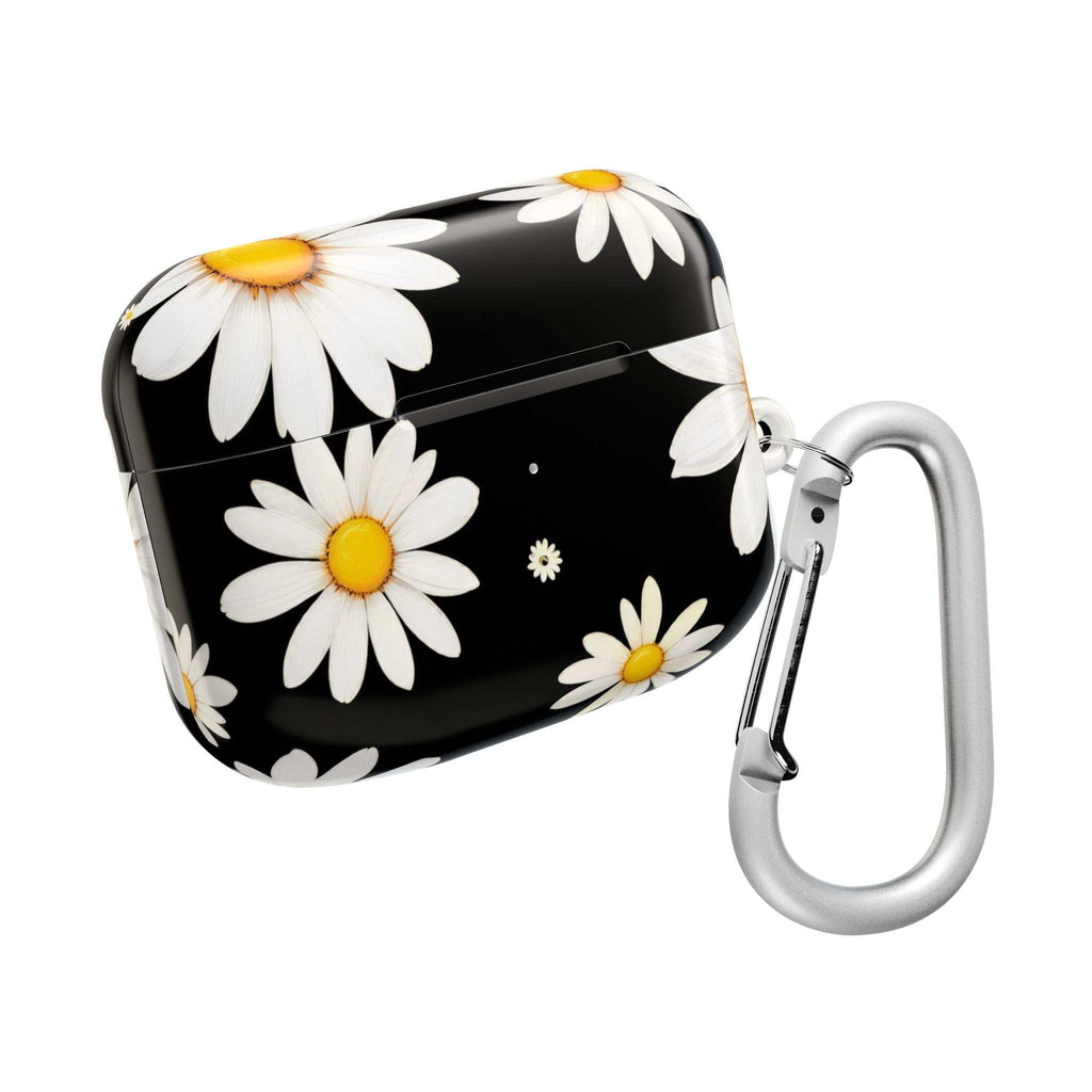 Black Daises AirPods protective case with white daisy design and silver carabiner clip