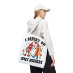 Juicy Wieners Fun Tote Bag featuring cheeky hot dog design with durable fabric and colorful straps