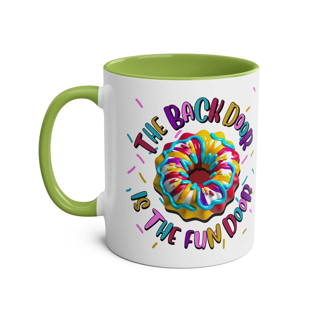 The Back Door is the Fun Door Mug with cheeky slogan, bold colors, and glossy finish, perfect for humorous gifts and morning coffee.