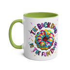 The Back Door is the Fun Door Mug with cheeky slogan, bold colors, and glossy finish, perfect for humorous gifts and morning coffee.