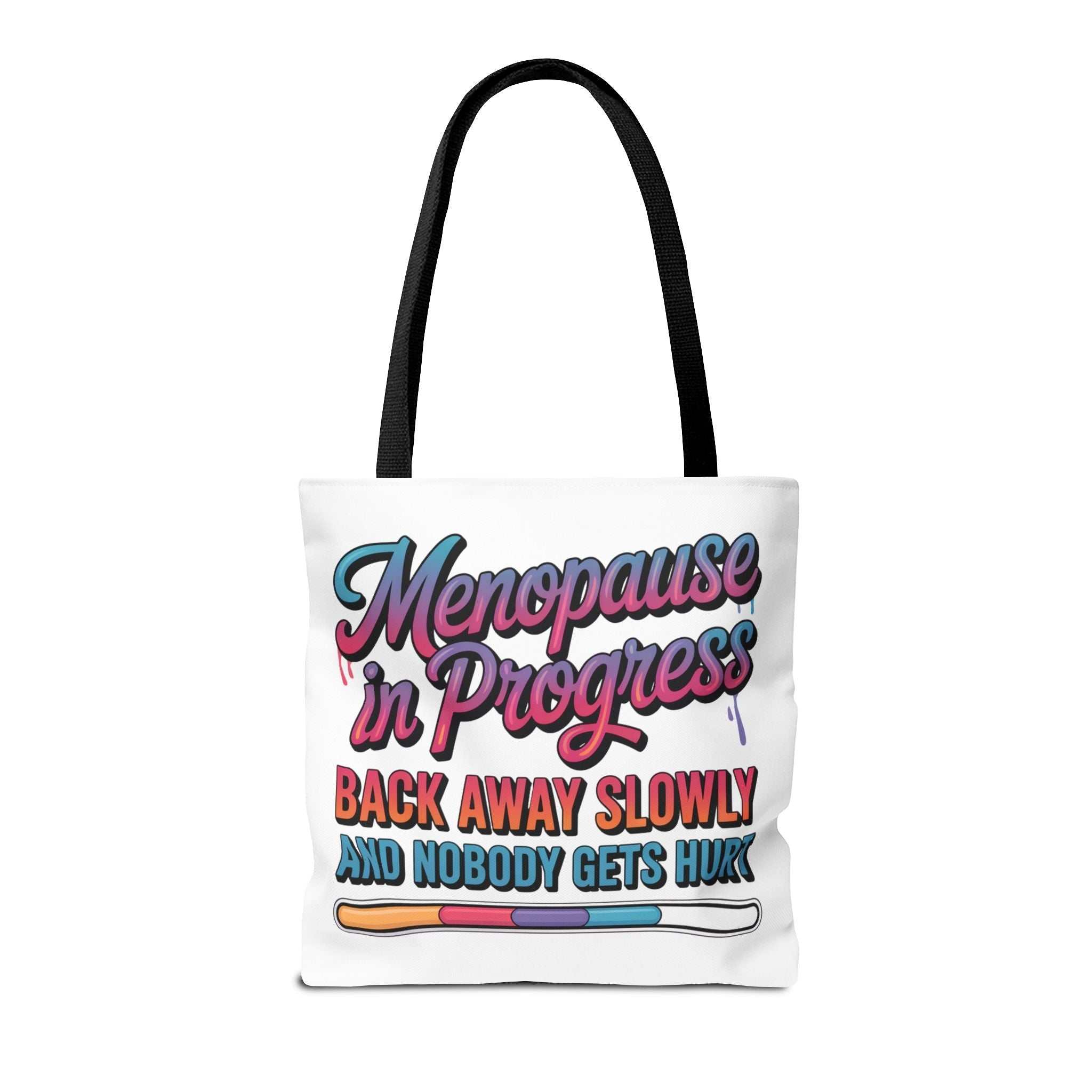 Menopause in Progress tote bag with cheeky design, durable spun polyester, multiple sizes, and handle color options