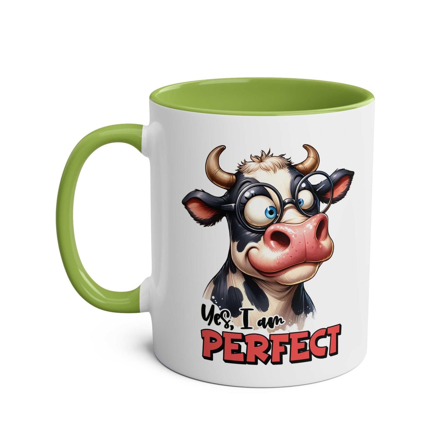 I Am Perfect Coffee Mug with fun cow design and green handle.