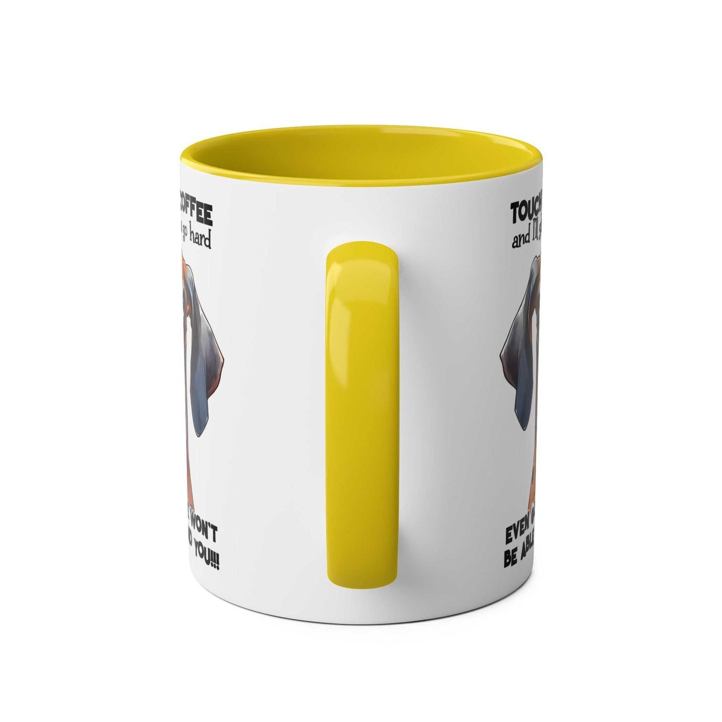 Dog-themed "Touch My Coffee Mug" with yellow handle and interior, featuring playful design; ceramic, glossy finish, microwave and dishwasher safe.