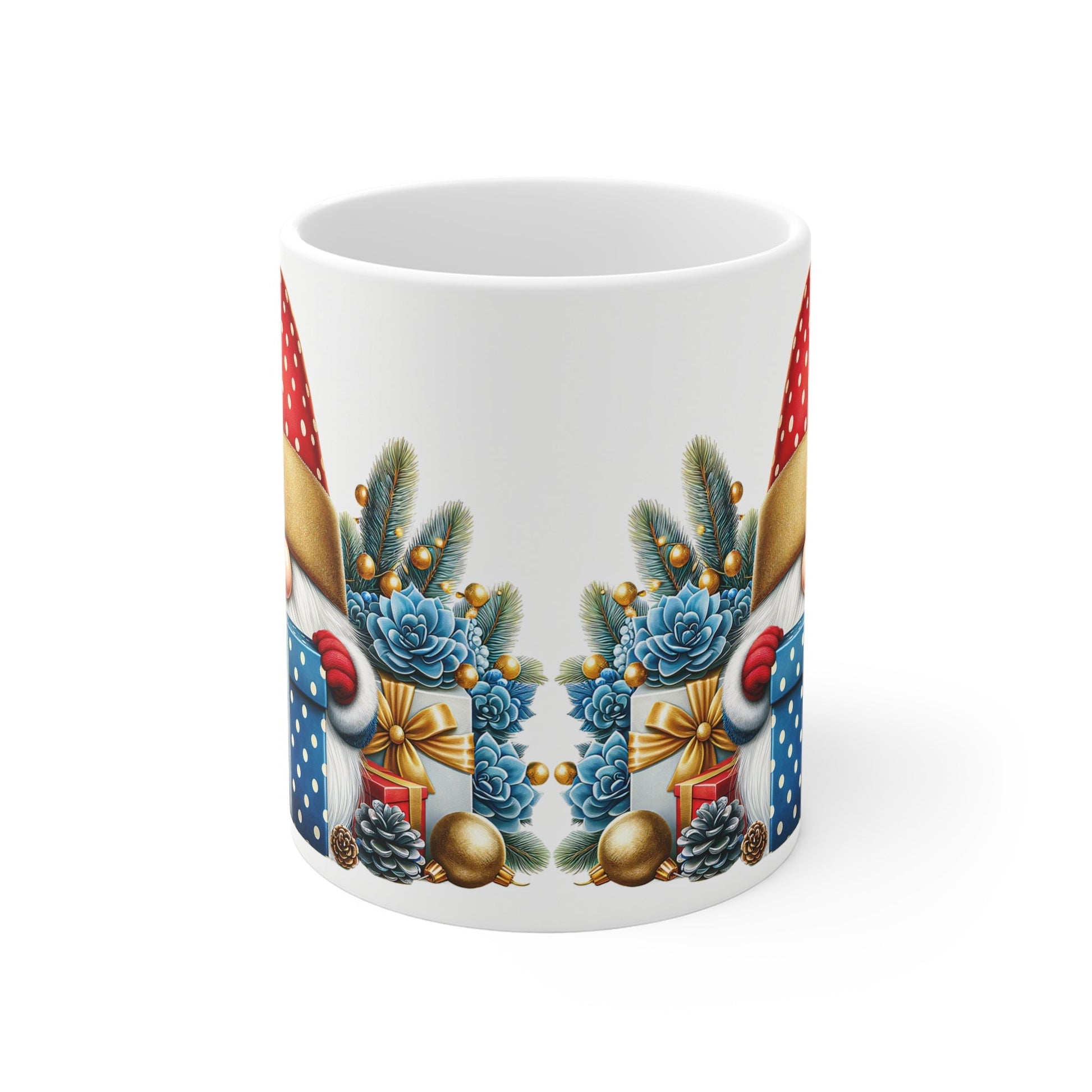 Christmas Gnome Mug with festive design, sublimation printed, glossy finish, 11oz ceramic, microwave and dishwasher safe.