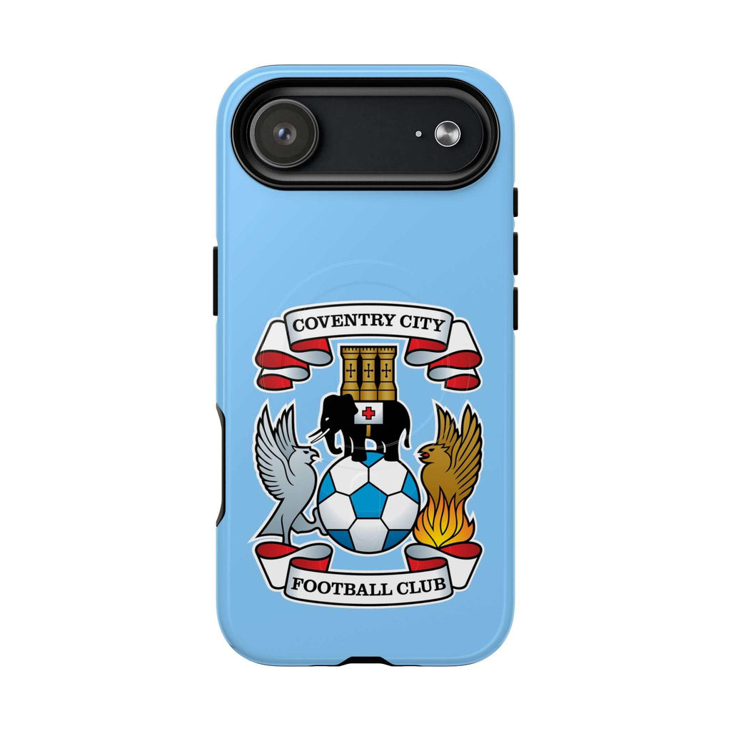 Coventry City MagSafe iPhone case in sky blue with club crest, dual-layer protection, and MagSafe compatibility