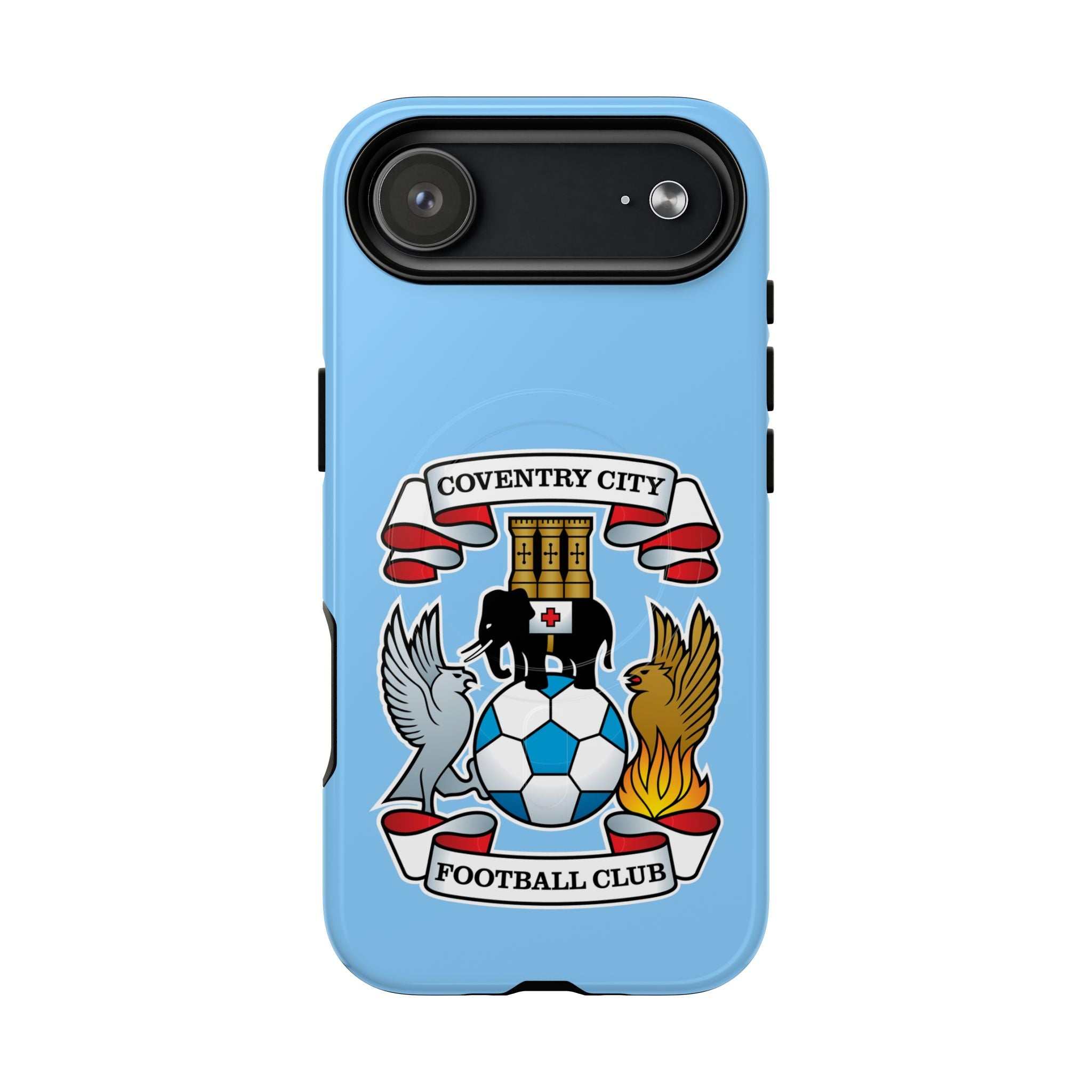 Coventry City MagSafe iPhone case in sky blue with club crest, dual-layer protection, and MagSafe compatibility