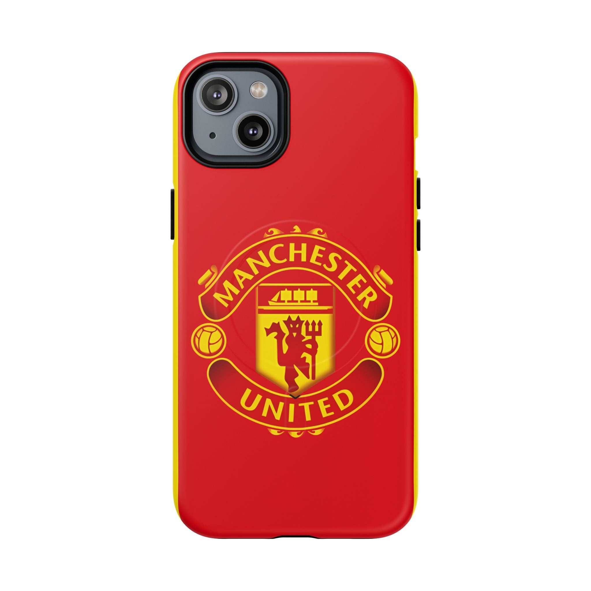 Manchester United MagSafe iPhone case with red and yellow club crest, dual-layer protection, and wireless charging compatible