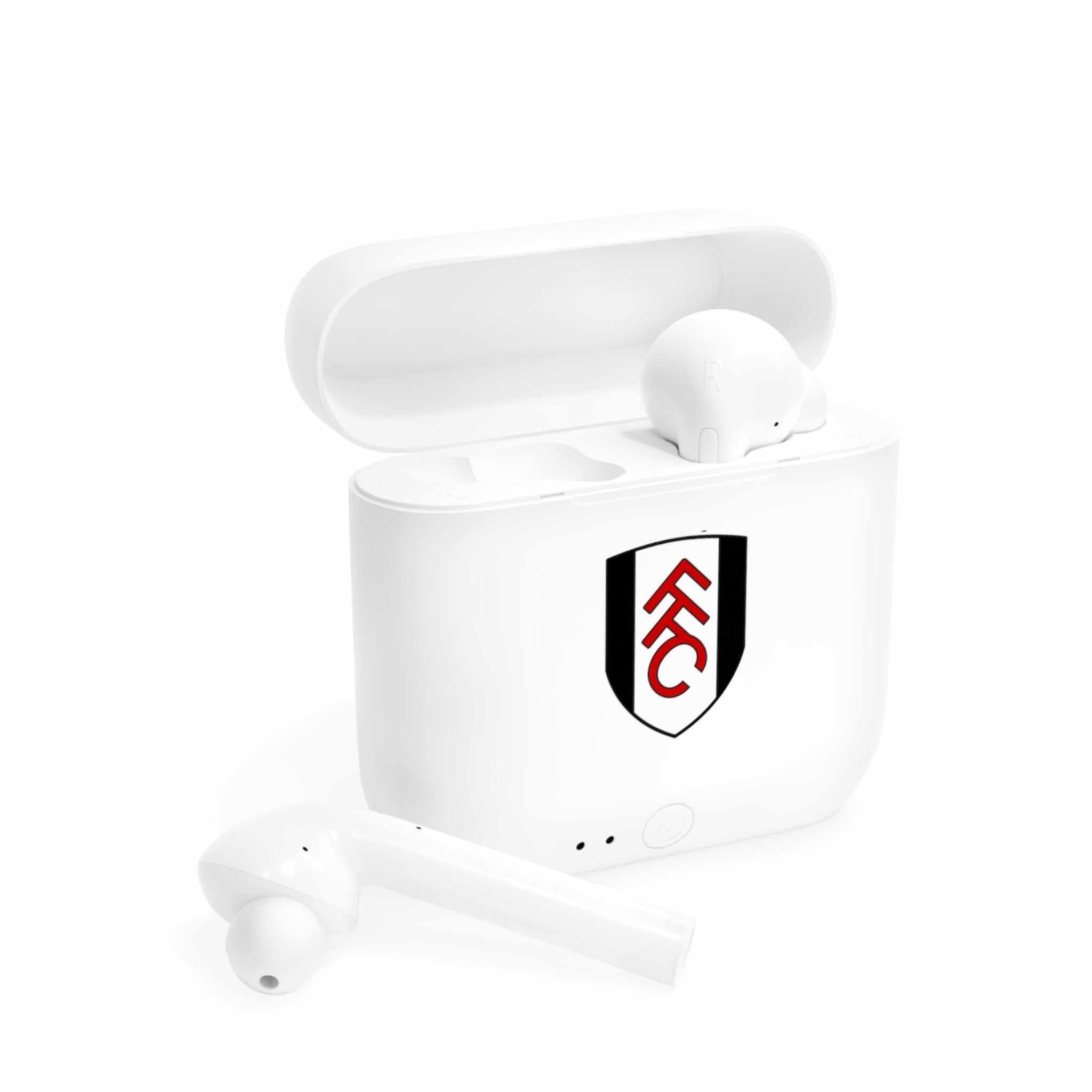 Fulham Fc Wireless white earbuds with charging case featuring fan-inspired club crest design