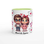 Cute personalised Valentines mug with cartoon couple design, custom ceramic coffee cup gift.