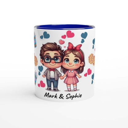 Personalised adorable Valentines Day mug with cute design and names, perfect couples gift.