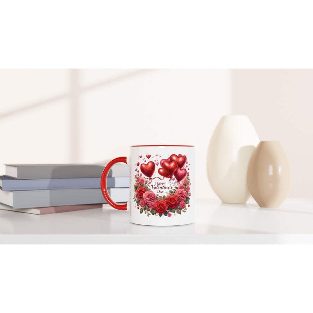 Beautiful Valentines Day mug with heart and rose design, red handle, glossy finish, placed on white surface with vases.
