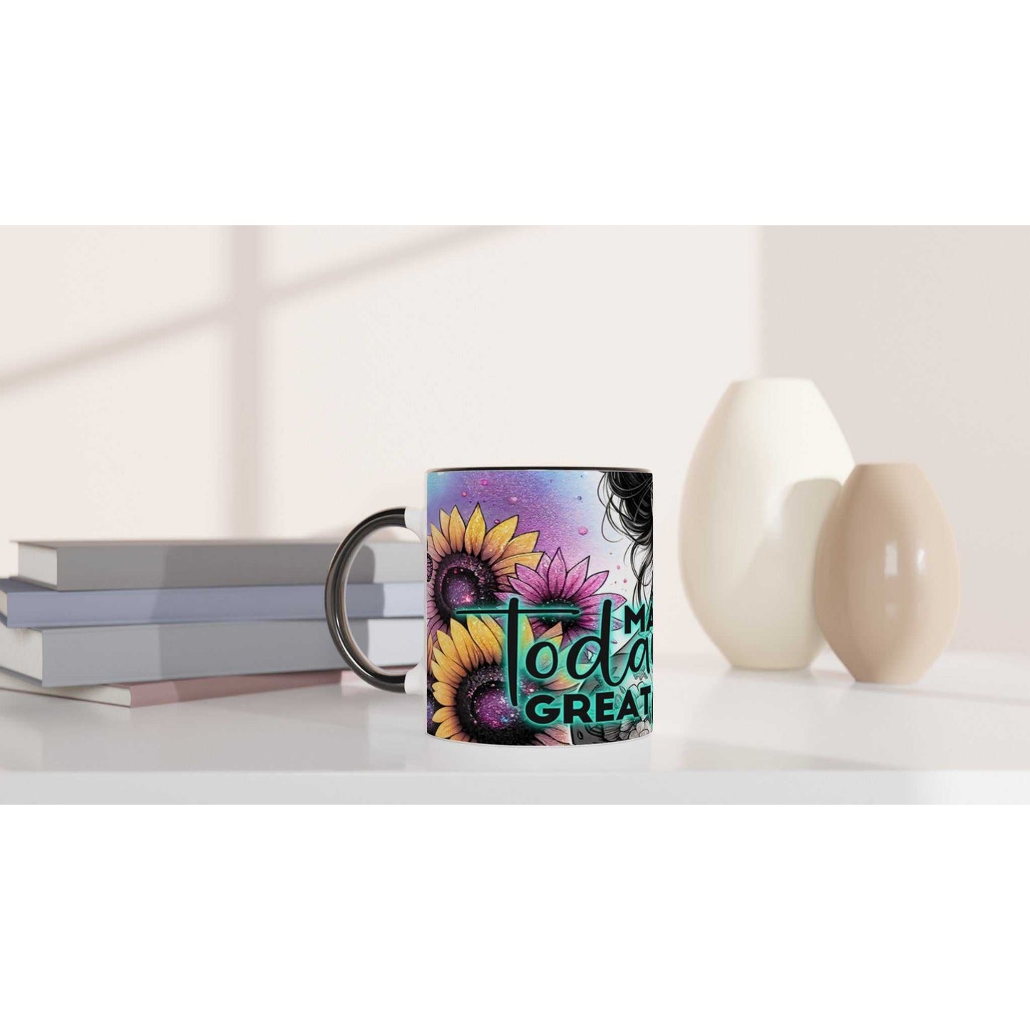 Make Today Great motivational coffee cup with sunflower design on ceramic mug.