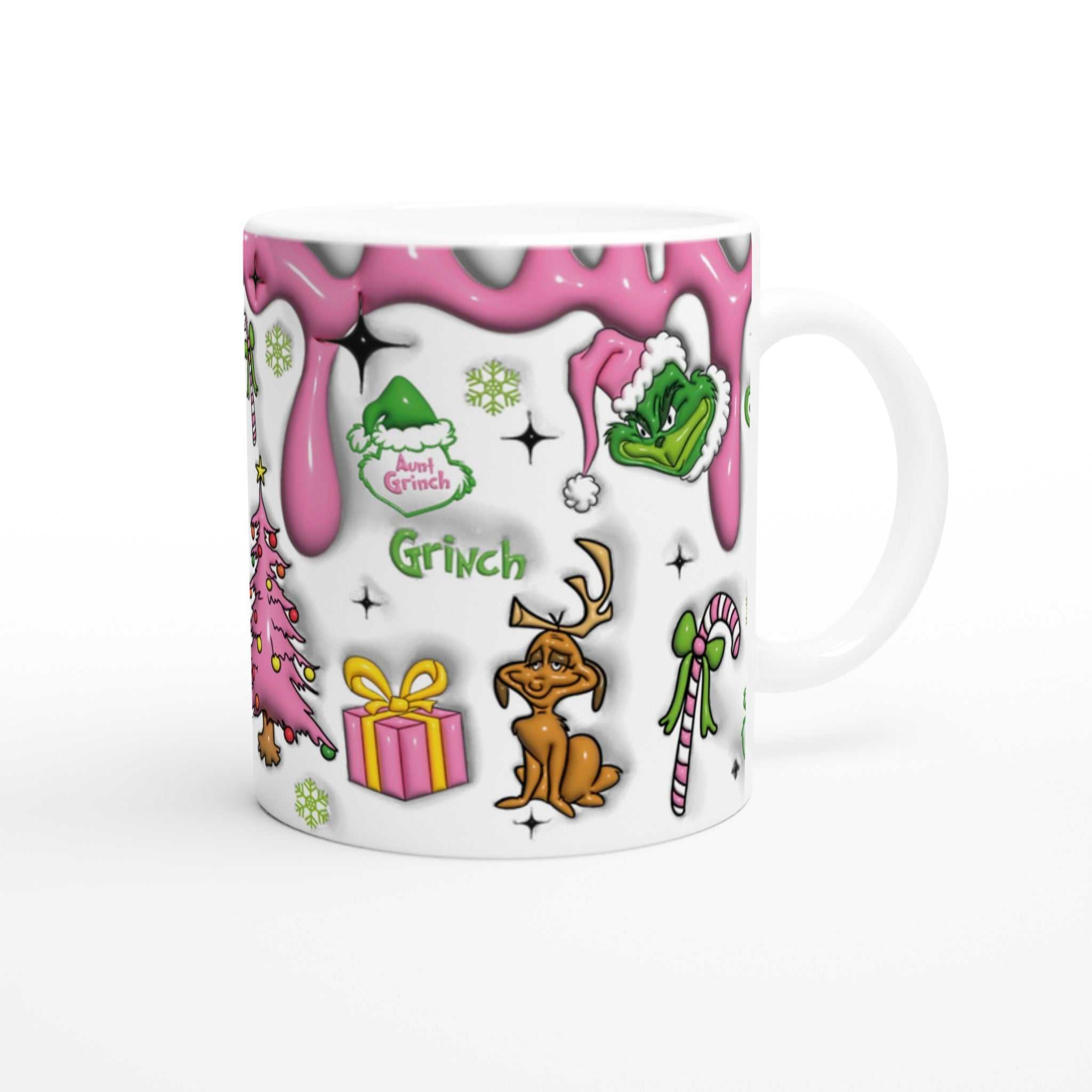 Grinch Christmas Mug with whimsical holiday design, 11oz ceramic, sublimation printed, glossy finish.