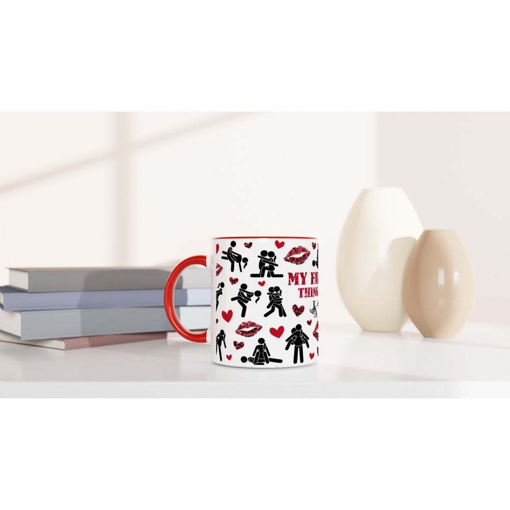 Cheeky Fun Valentines Day Mug with playful design on a bookshelf, red handle, perfect gift.