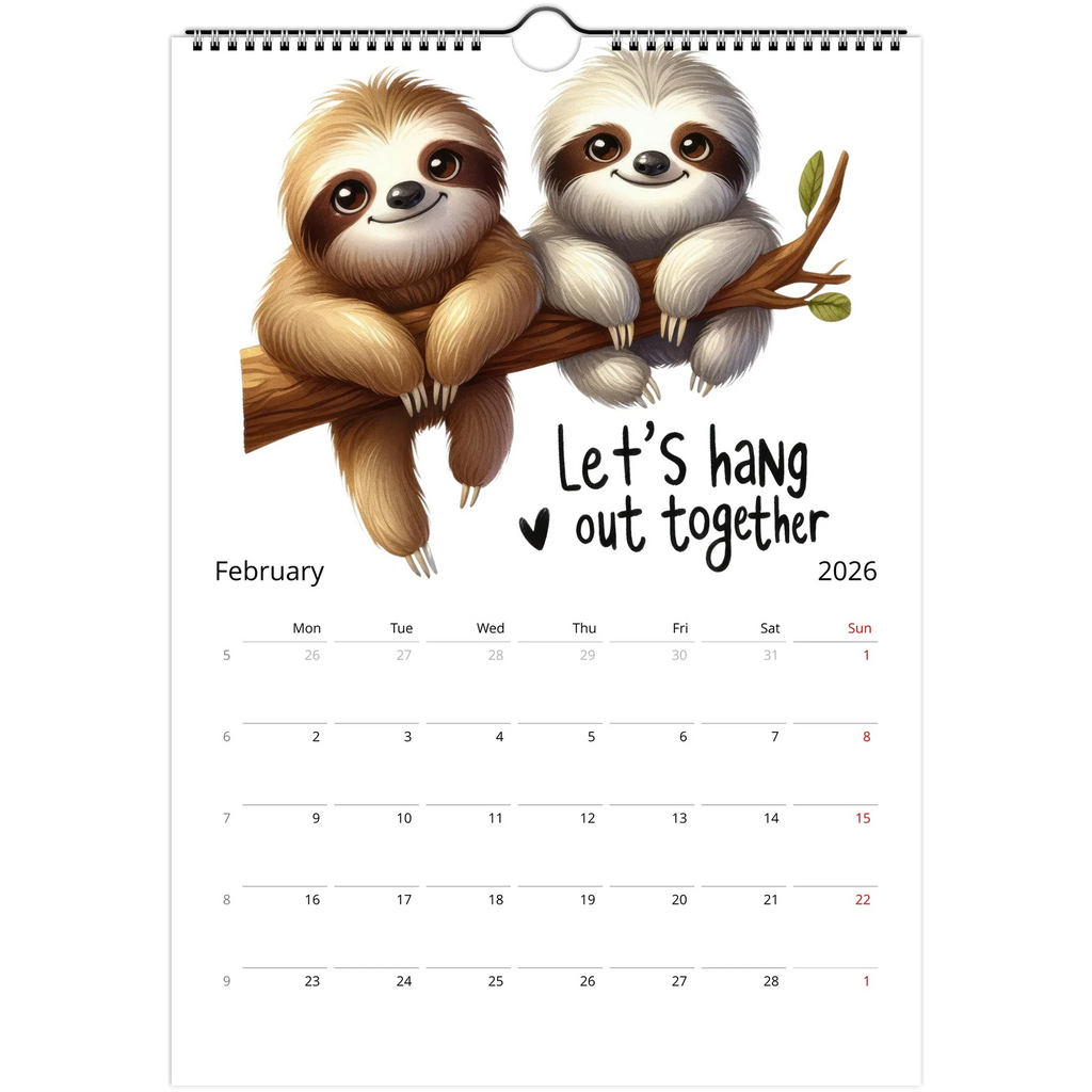 Adorable Sloth Wall Calendar 2026 February page with cute sloth illustration and note spaces