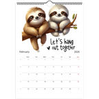Adorable Sloth Wall Calendar 2026 February page with cute sloth illustration and note spaces