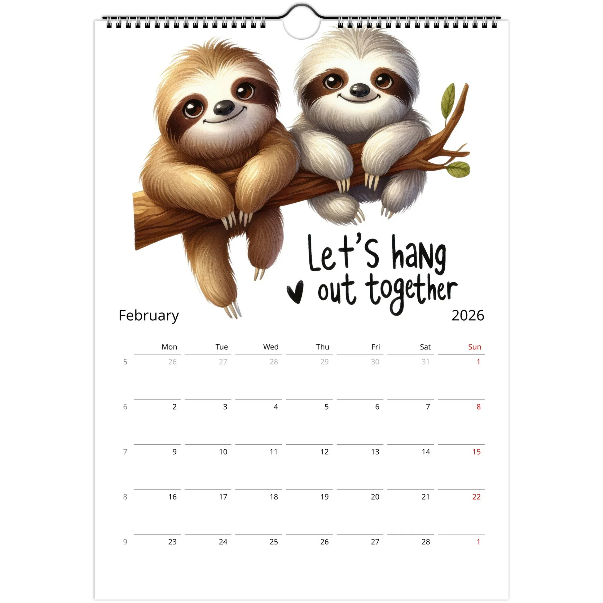 Adorable Sloth Wall Calendar 2026 February page with cute sloth illustration and note spaces