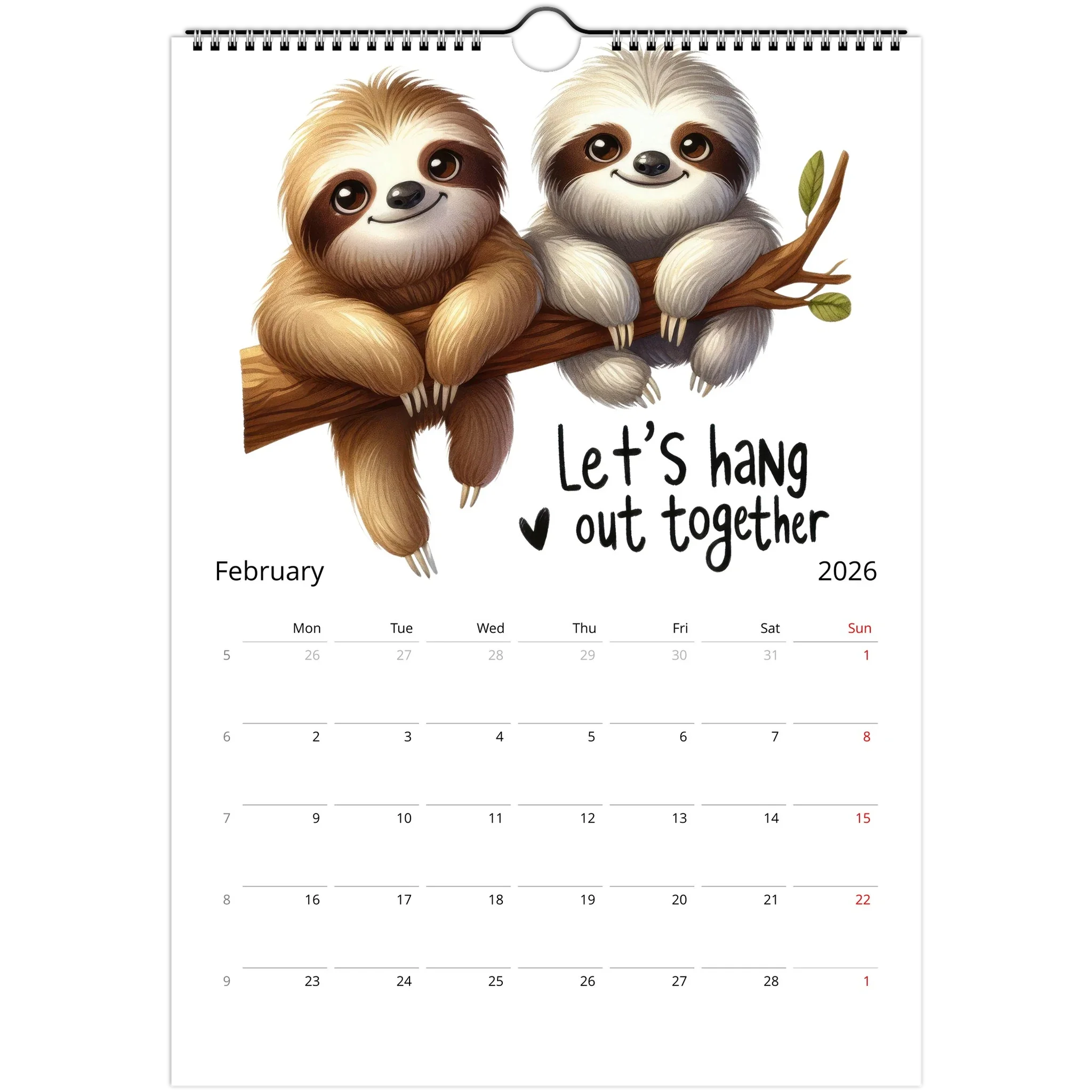 Adorable Sloth Wall Calendar 2026 February page with cute sloth illustration and note spaces