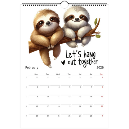 Adorable Sloth Wall Calendar 2026 February page with cute sloth illustration and note spaces