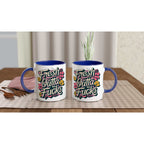 Fresh Outta Fucks Fun Mug on table with colorful design and blue handle