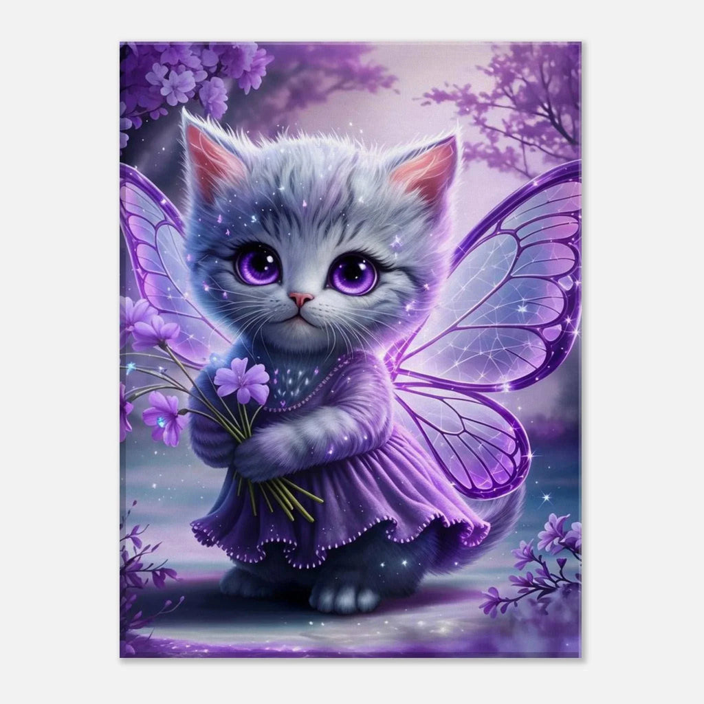 Adorable Fairy Kitten Wall Canvas with wings and flowers in magical purple setting.