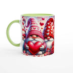 Cute Gnome Valentines Day Mug with heart design, green handle, 11oz ceramic, perfect sweet coffee cup gift.