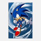 Sonic The Hedgehog Wall Canvas featuring a vibrant, dynamic depiction of Sonic in motion against a blue swirling background.