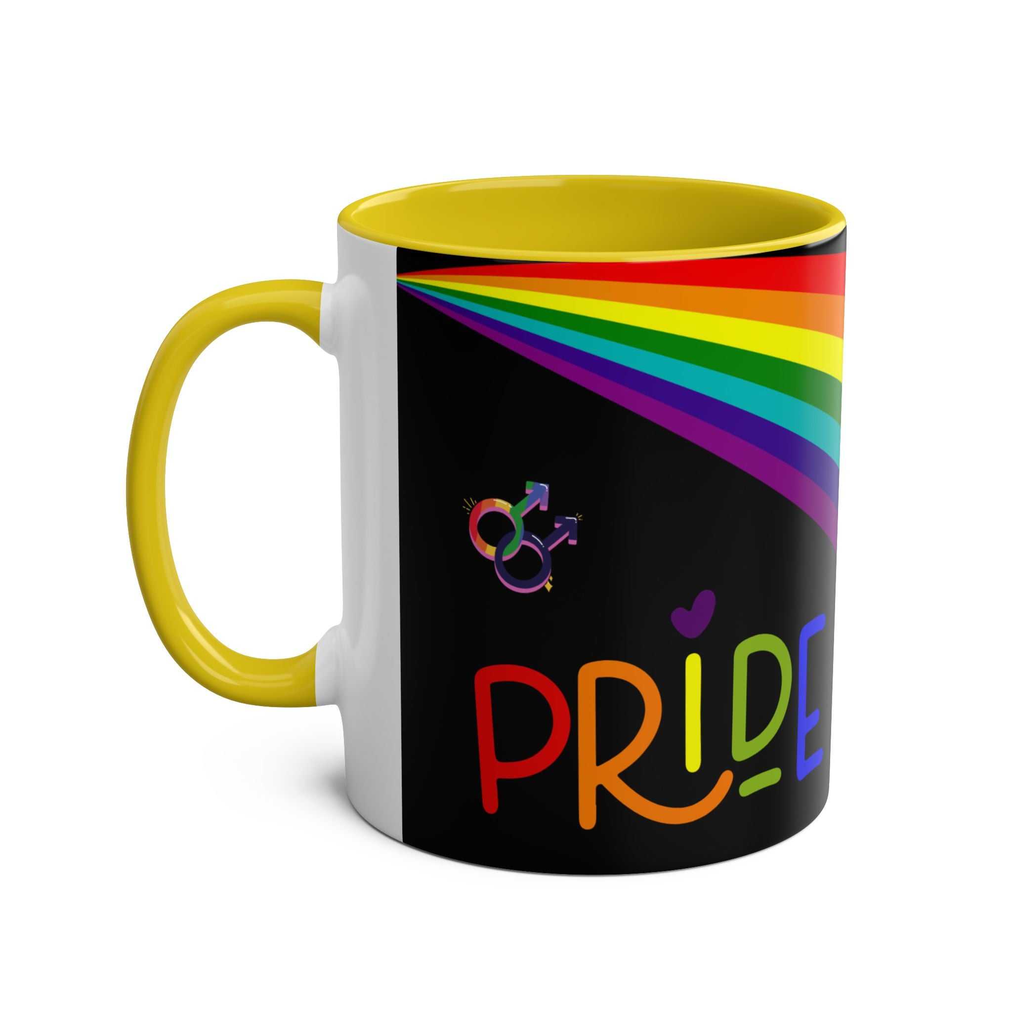 LGBTQ+ Pride mug with vibrant rainbow design, glossy finish, and yellow interior.