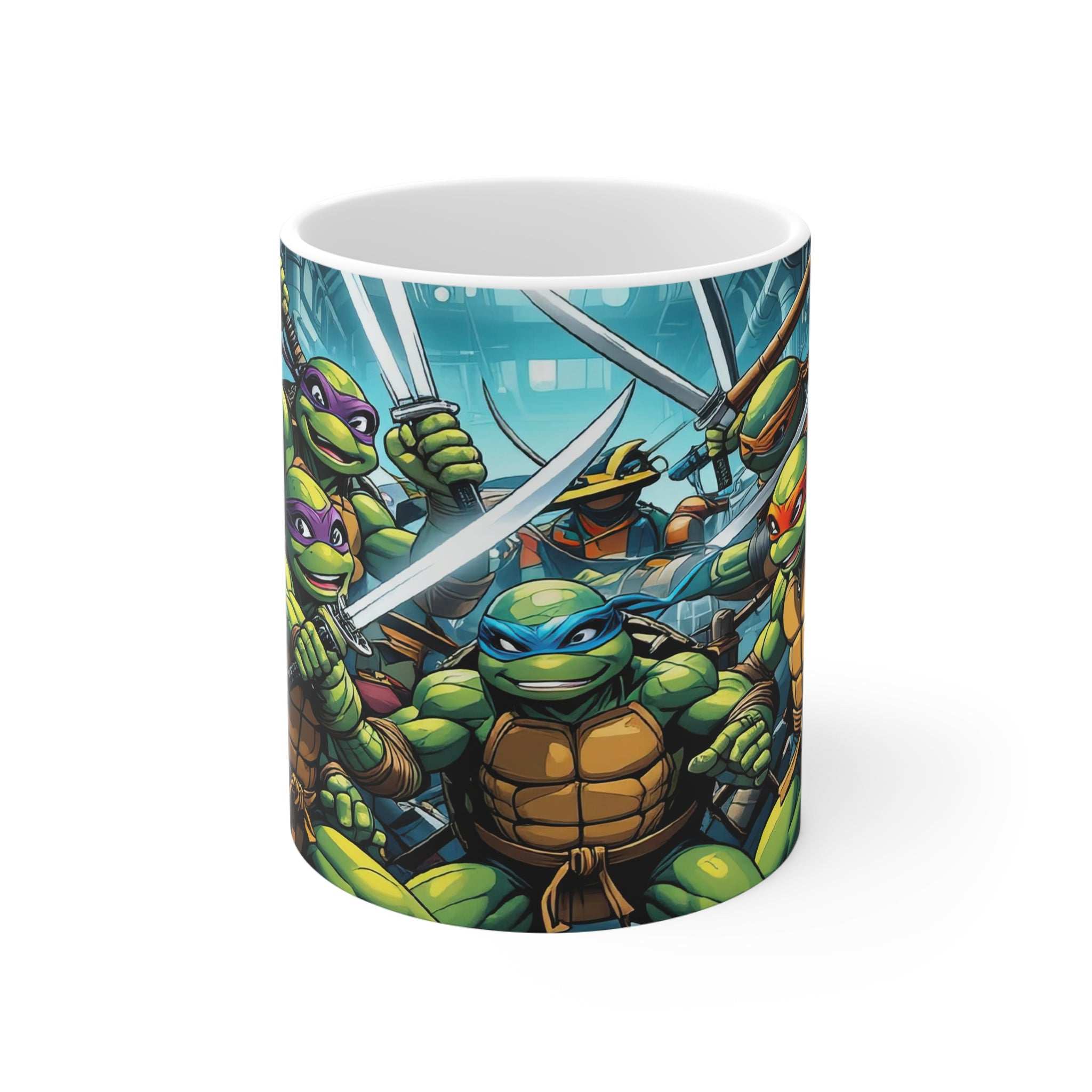 Ninja Turtles inspired ceramic mug with colorful character design, glossy finish, 11oz capacity.
