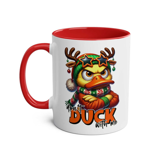 Sarky Christmas Mug with duck design and humorous twist, 11oz ceramic with glossy finish, available in 7 colors.