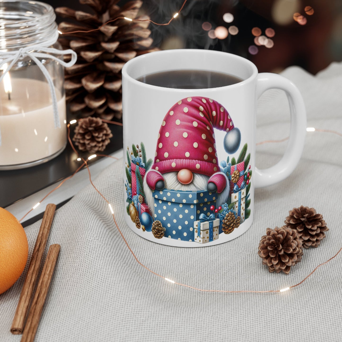 Cute gnome Christmas mug with festive design and decorations.