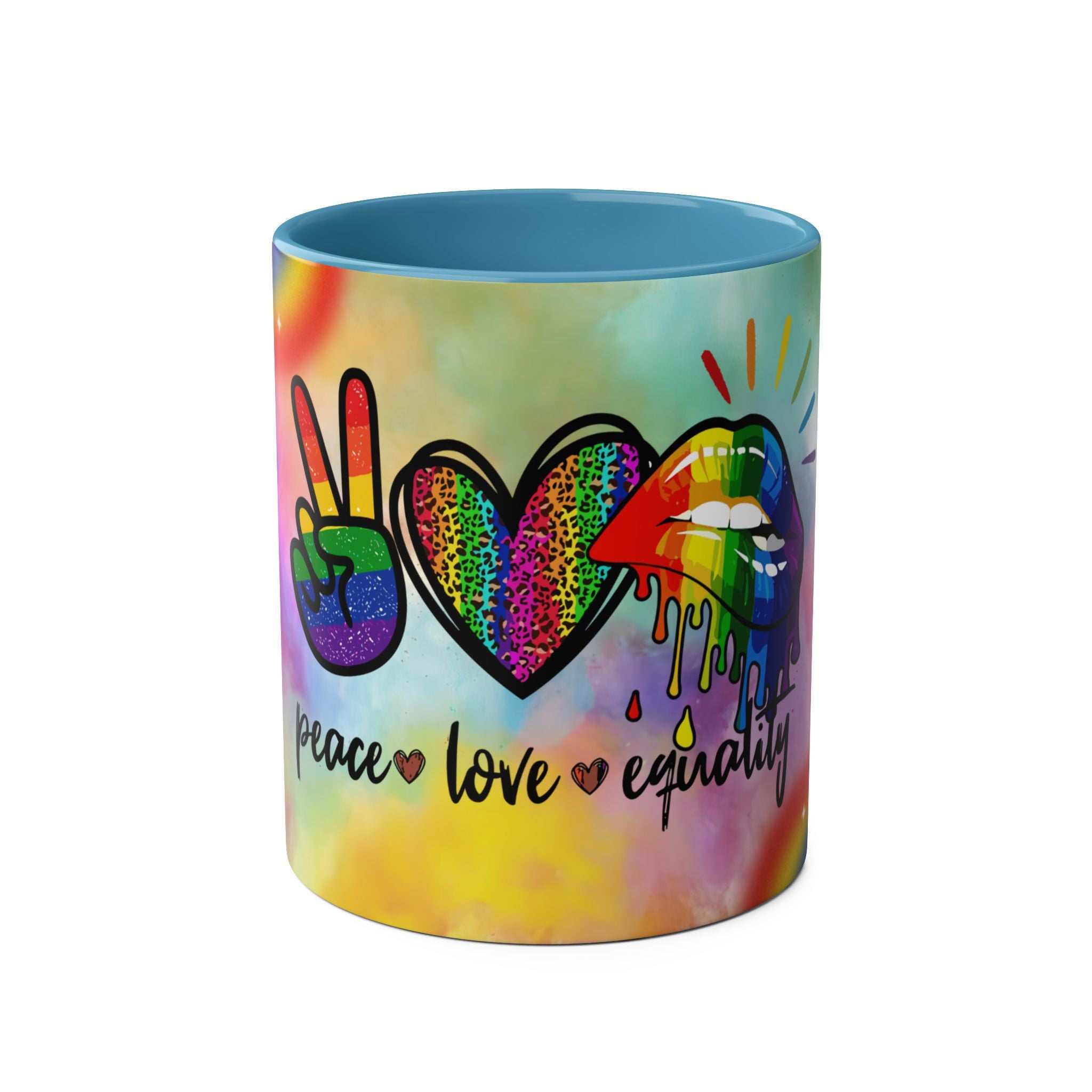 LGBTQ+ Pride mug with vibrant rainbow design and equality message.