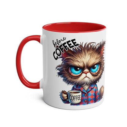 Fun sarcastic coffee mug with grumpy cat graphic, red handle, and rim, perfect for adding humor to morning coffee.