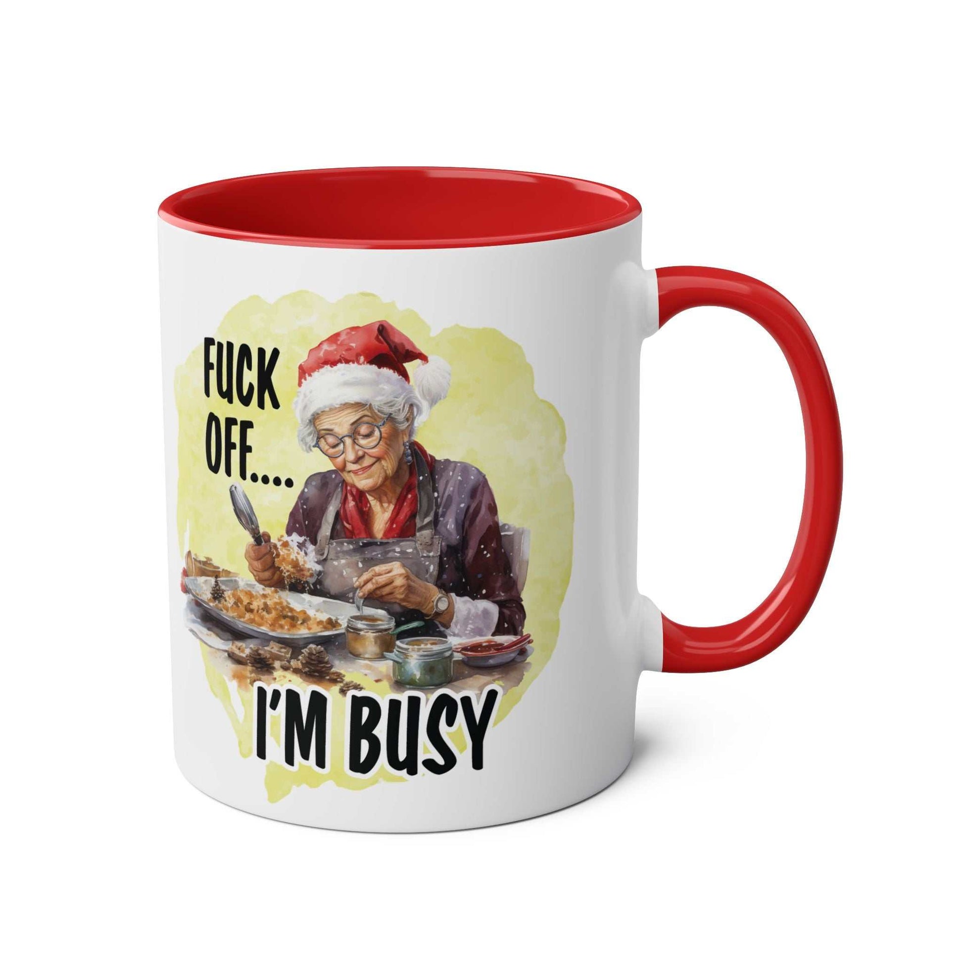 Sweary Granny Christmas Mug with festive design, 11oz ceramic, glossy finish, red handle.