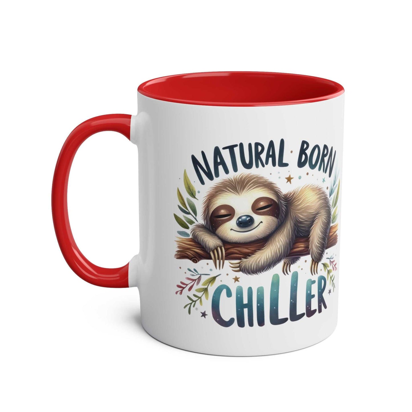 Cute sloth coffee mug with "Natural Born Chiller" design, 11oz ceramic, glossy finish, red interior handle.