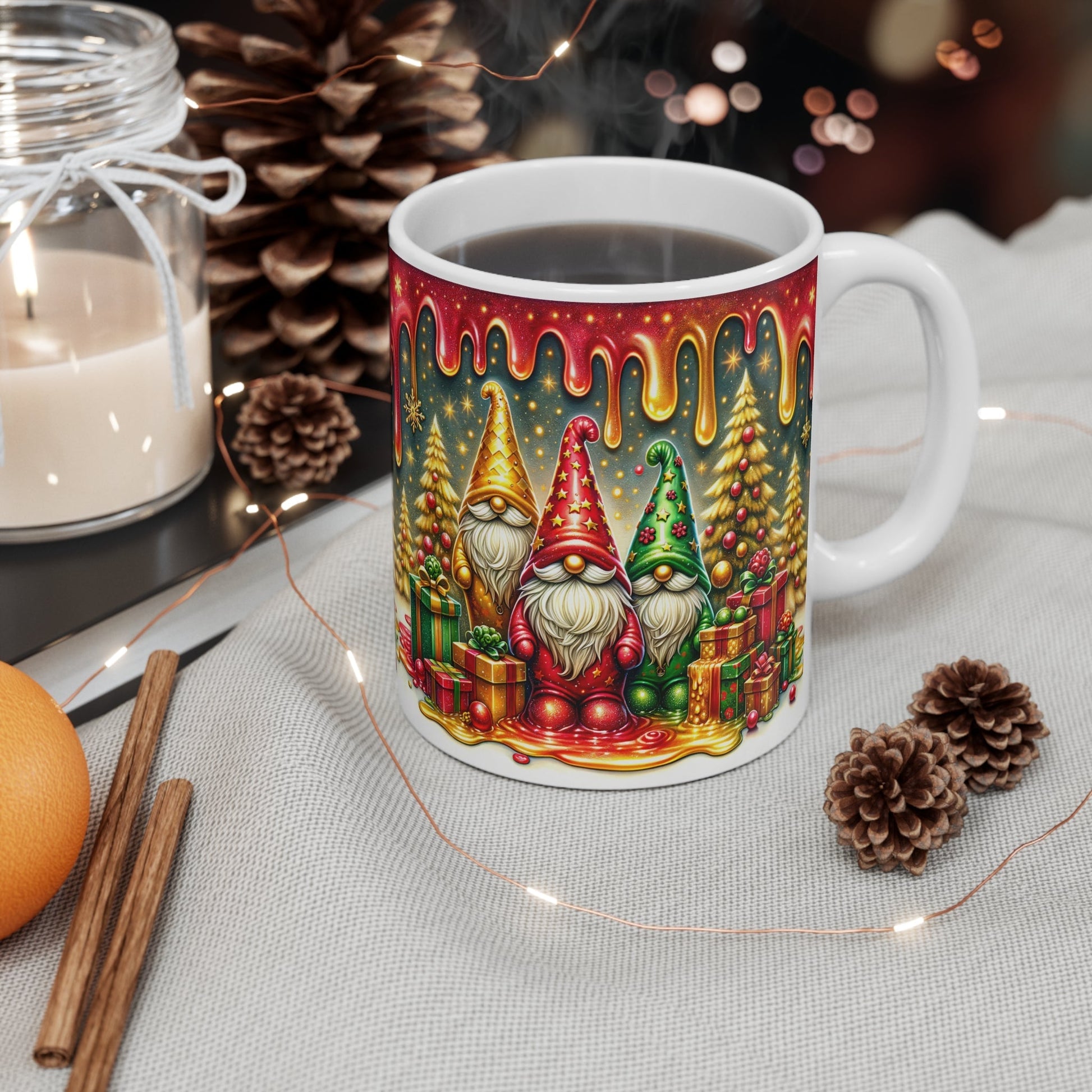 Christmas Gnome Mug with festive design, perfect for holiday drinks; 11oz ceramic, glossy finish, microwave and dishwasher safe.