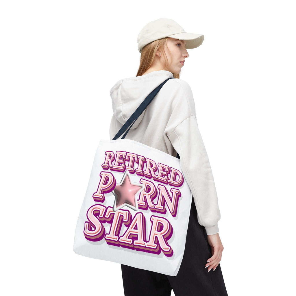 Retired Porn Star Tote Bag with cheeky design, durable spun polyester, multiple sizes and handle colors, perfect for errands and casual outings