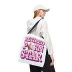 Retired Porn Star Tote Bag with cheeky design, durable spun polyester, multiple sizes and handle colors, perfect for errands and casual outings