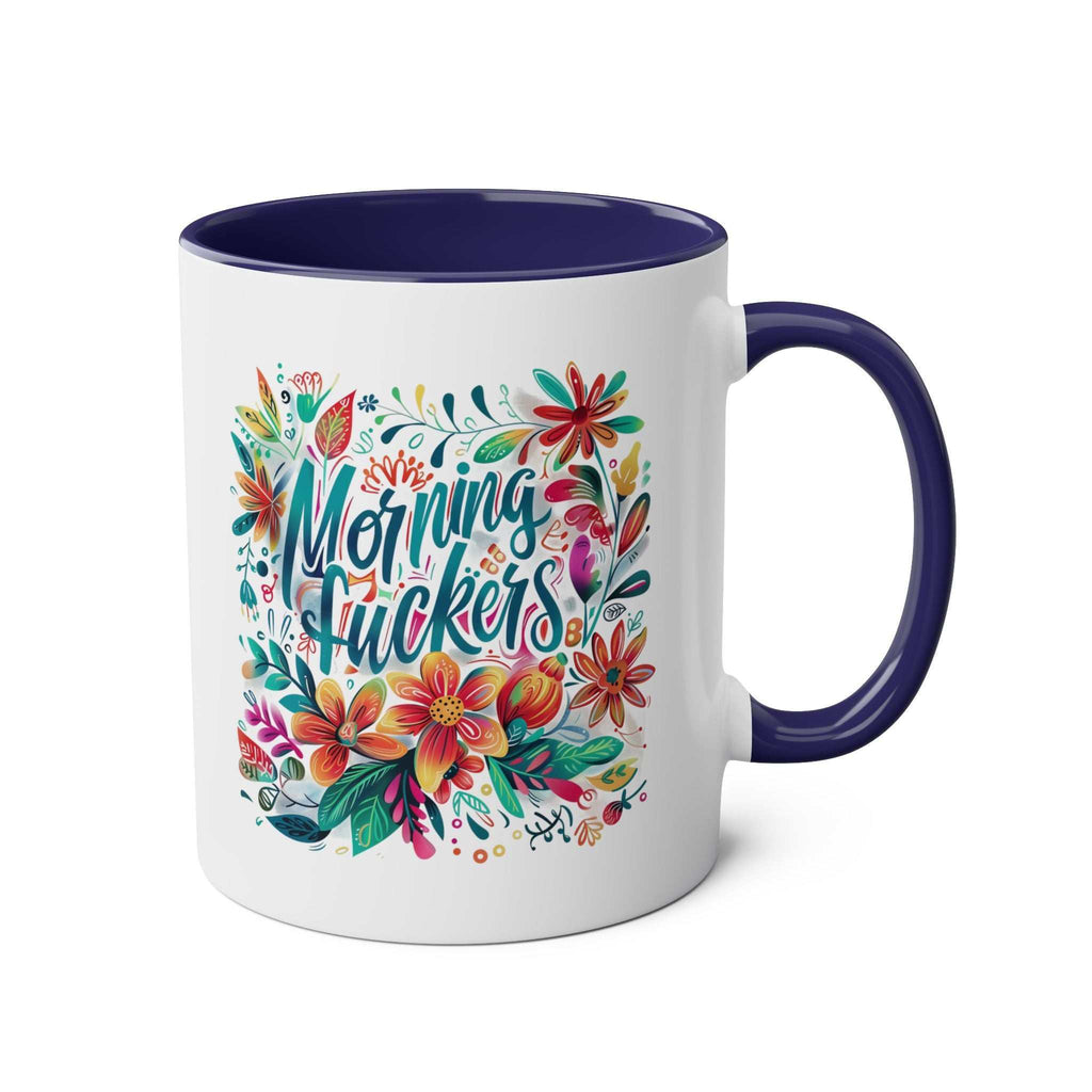 Colorful Morning Fuckers coffee mug with floral design, 11oz ceramic, blue handle and rim.