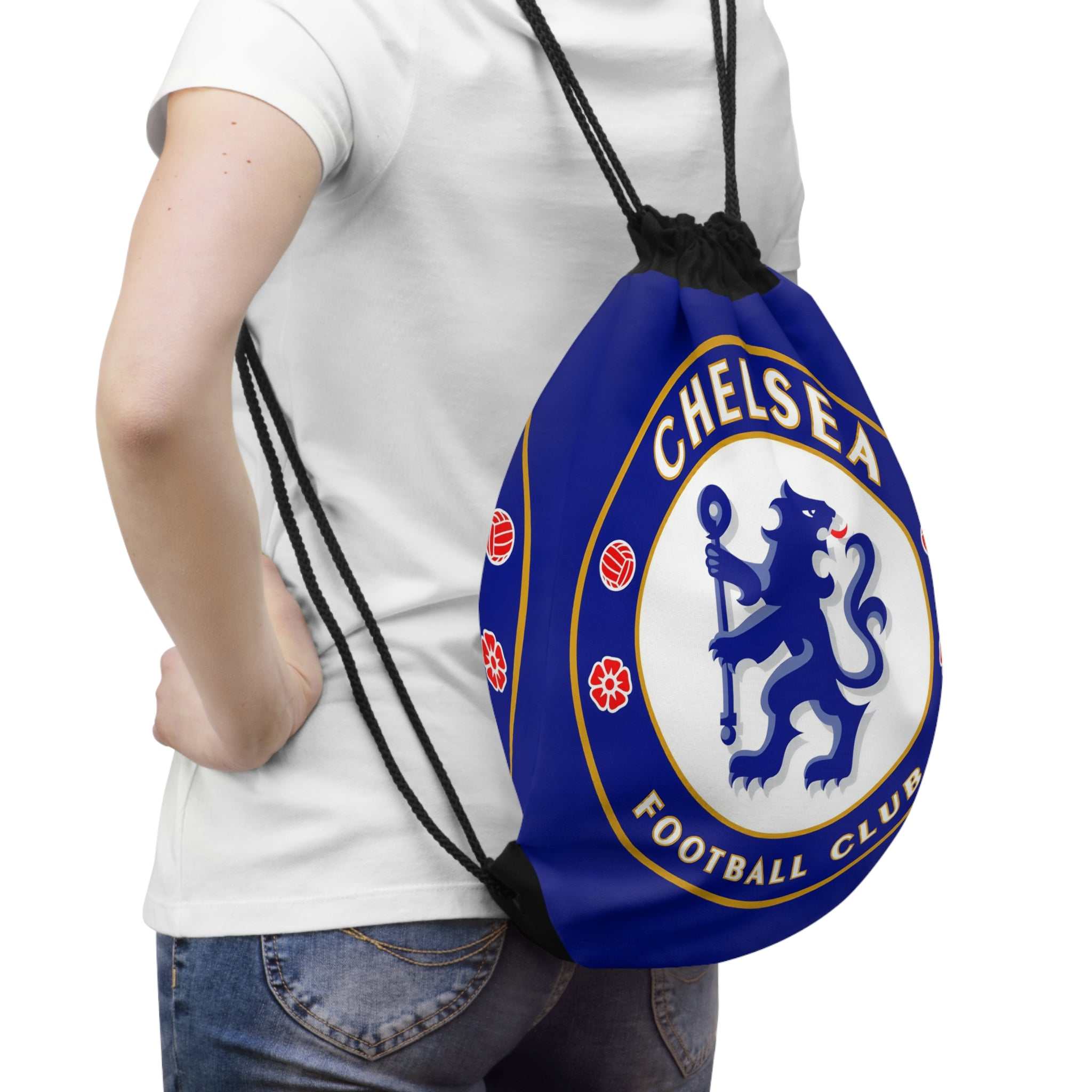 Person wearing a Chelsea FC drawstring bag in blue with lion crest, ideal for sports and casual use
