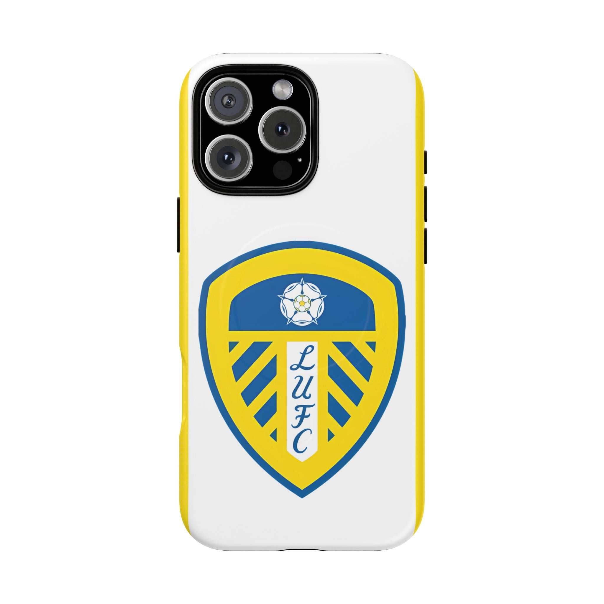 Leeds Utd MagSafe iPhone case with club crest, white and yellow design, dual-layer protection, MagSafe compatible, slim and durable.