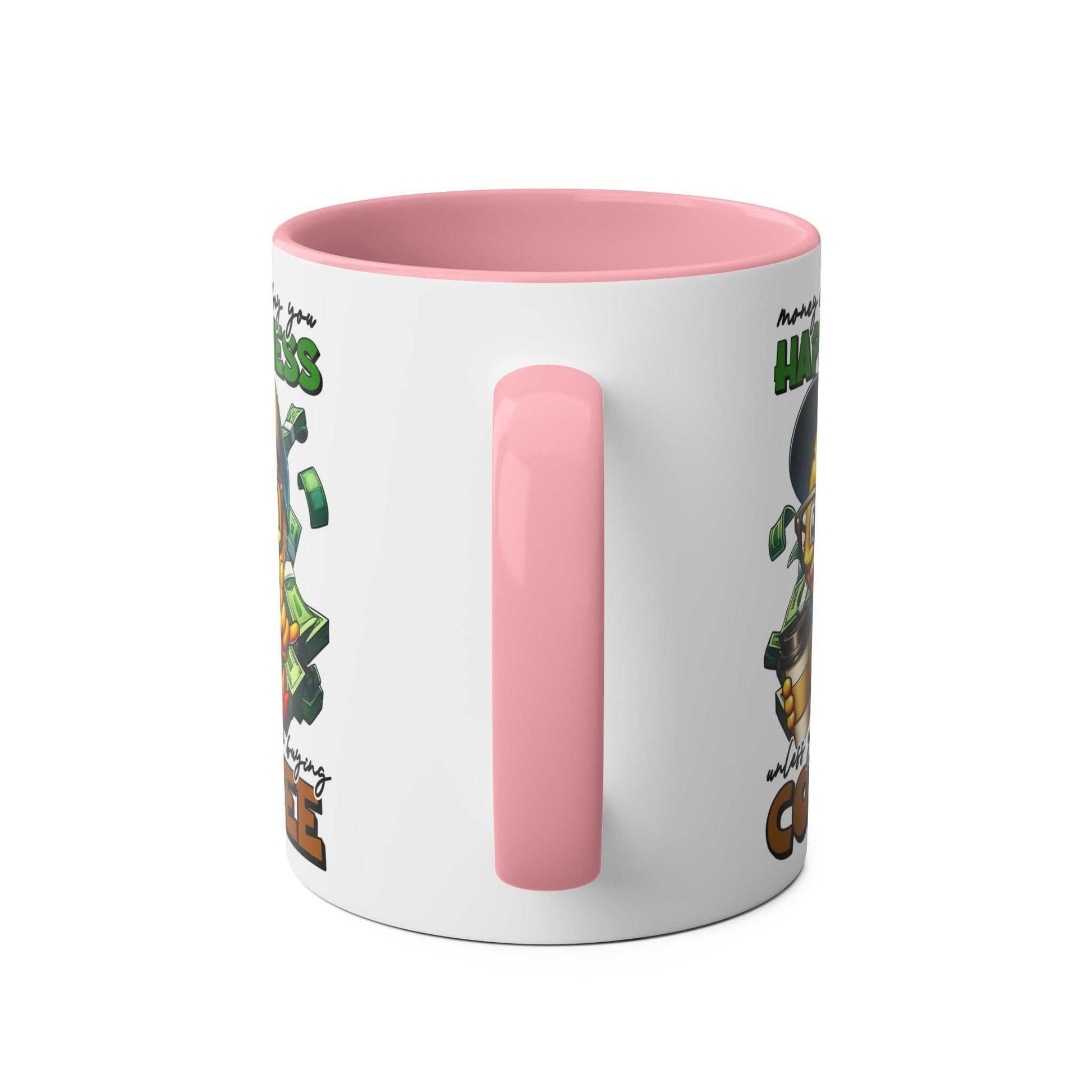 Pink-handled Happiness Coffee Mug with cheerful duck illustration.