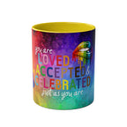 LGBTQ+ Pride Mug with rainbow design and inspirational message.