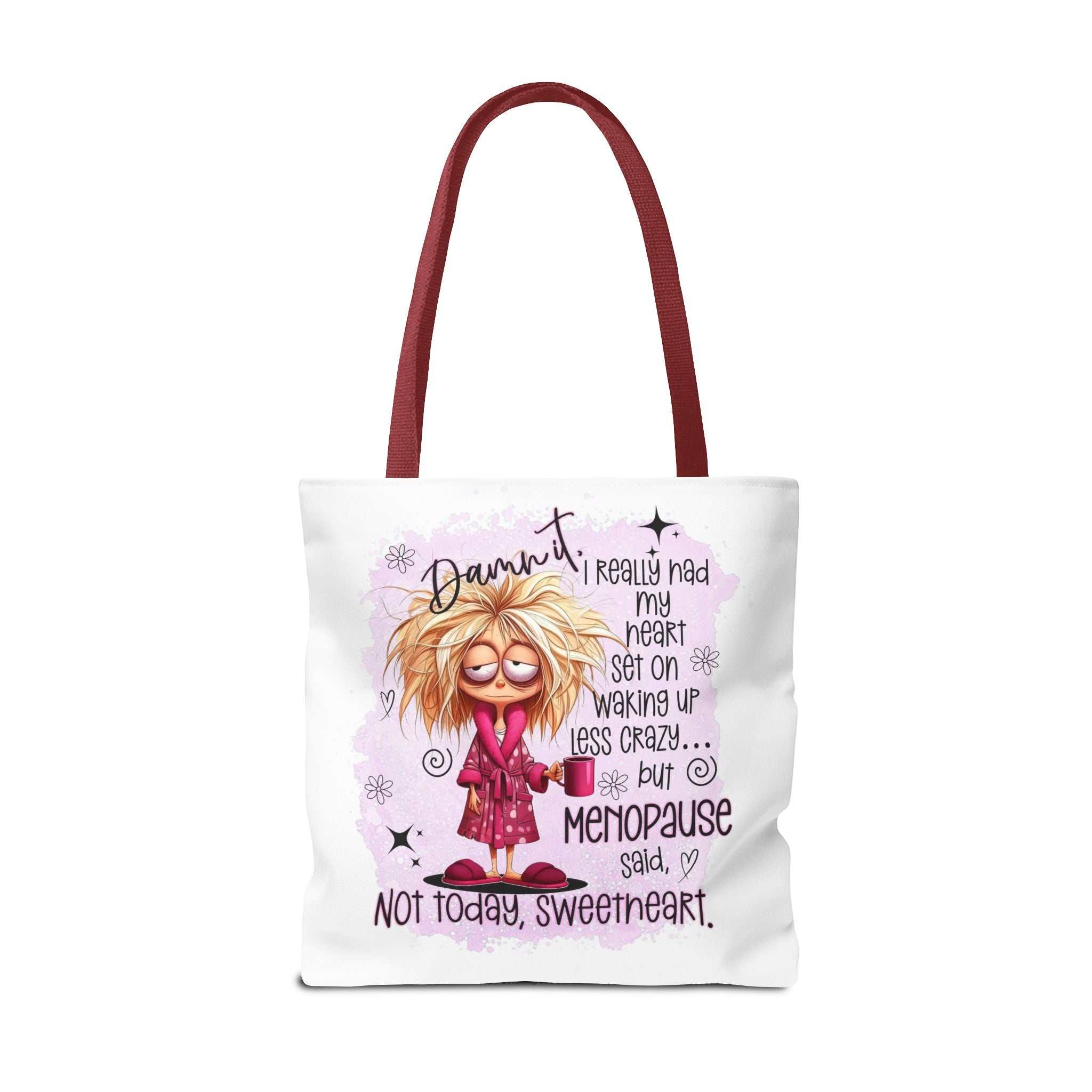 Cheeky menopause humour tote bag with colorful handles, durable polyester, and playful design for daily use