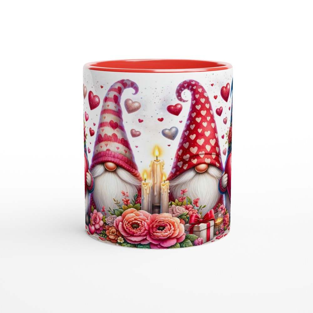 Adorable gnome Valentine's Day mug with colorful heart and floral design, ceramic, 11oz capacity.