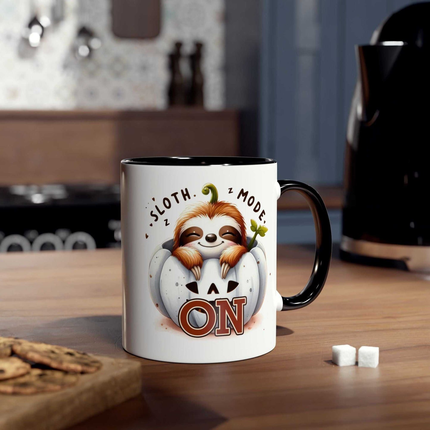 Cute sloth coffee mug on kitchen table with coaster, perfect for animal lovers.