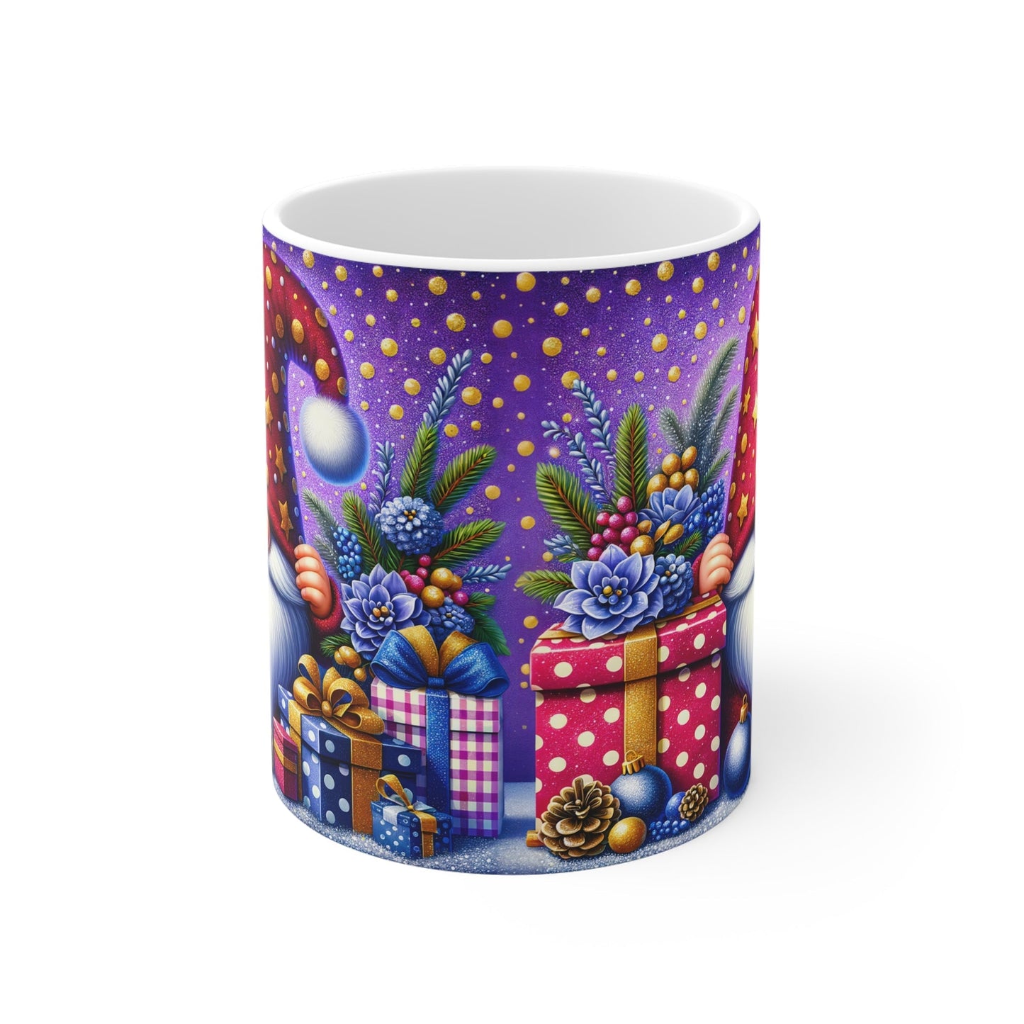 Ceramic Christmas gnome mug with festive gifts and floral designs.