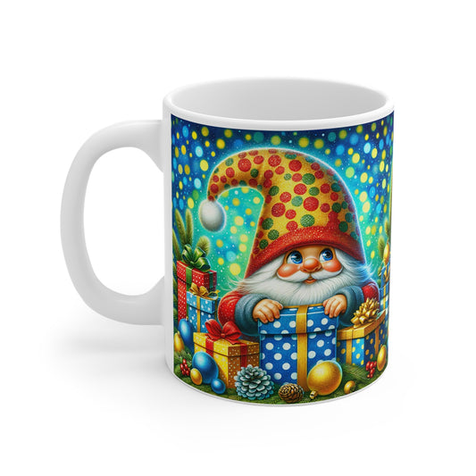 Cute gnome Christmas mug with festive design, perfect for holiday drinks.